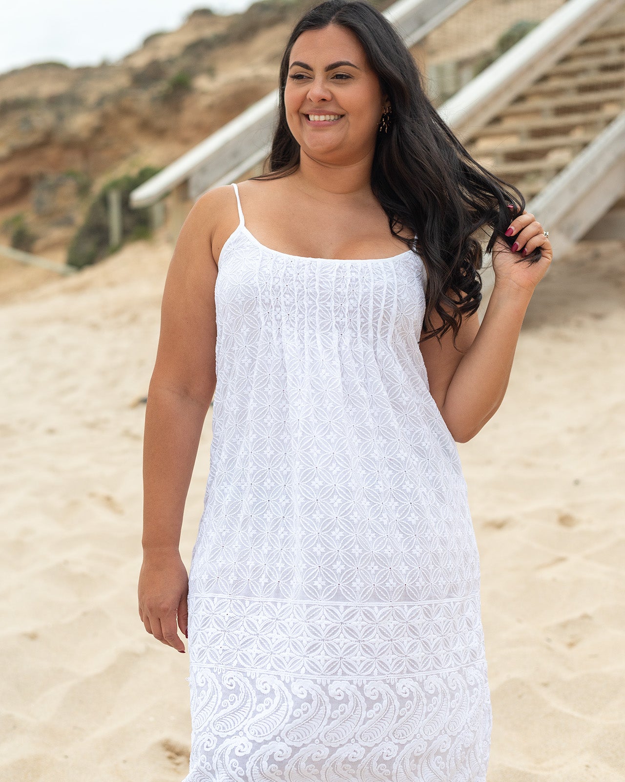 Athena Mini Dress sleeveless in white with deep neck and sequin flower details