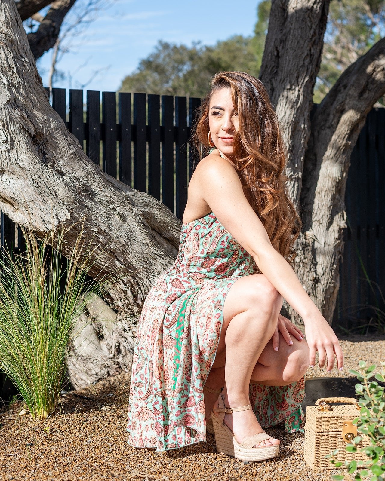 Cabarita Green Mini Dress featuring a beautiful paisley print in soft greens and blush pinks