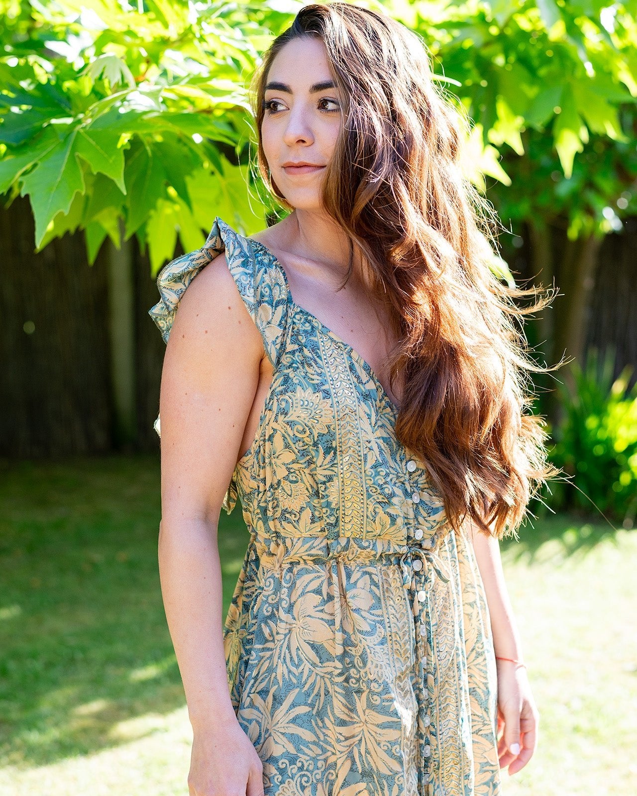 Kooringal Maxi Dress featuring a floral print in soft gold and muted green with V-neckline